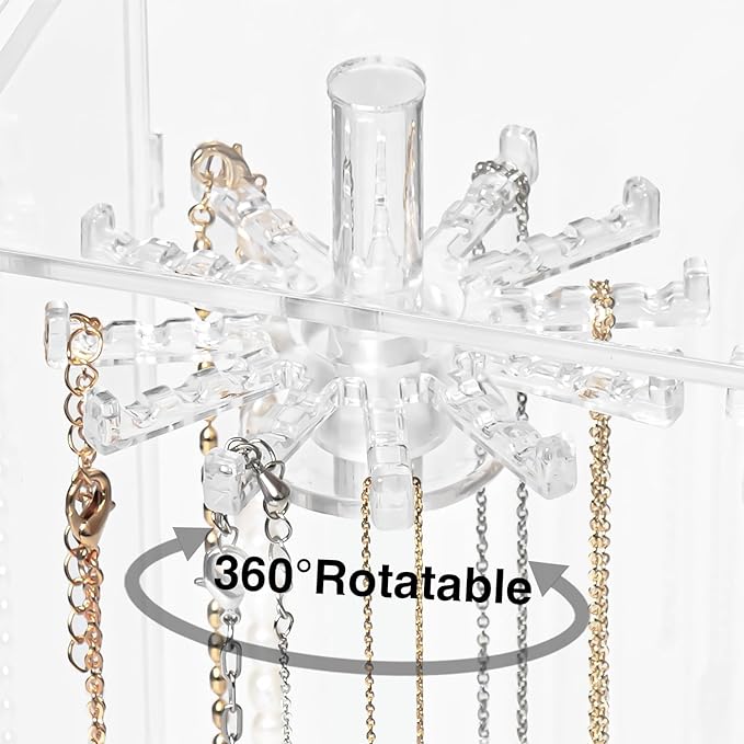 Necklace Holder, Acrylic Jewelry Organizer with 24 Hooks, Rotation Clear Necklaces Pendant Display Case Stand, Dust-proof Velvet Tray Hanging Rack Storage for Earrings Rings
