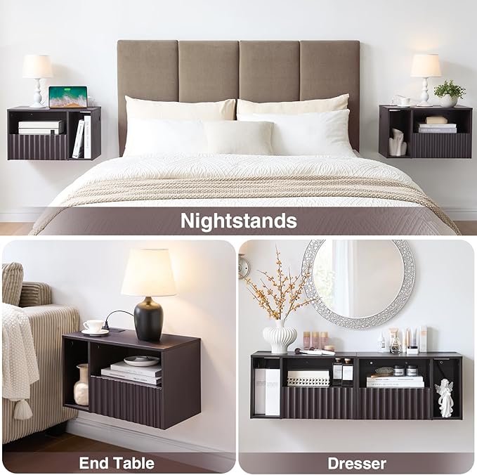 Modern Espresso Fluted Floating Nightstand with Charging Station, NightStand with Drawers, Bedside with USB Ports and Outlets, Bedroom Furniture (Set of 2)