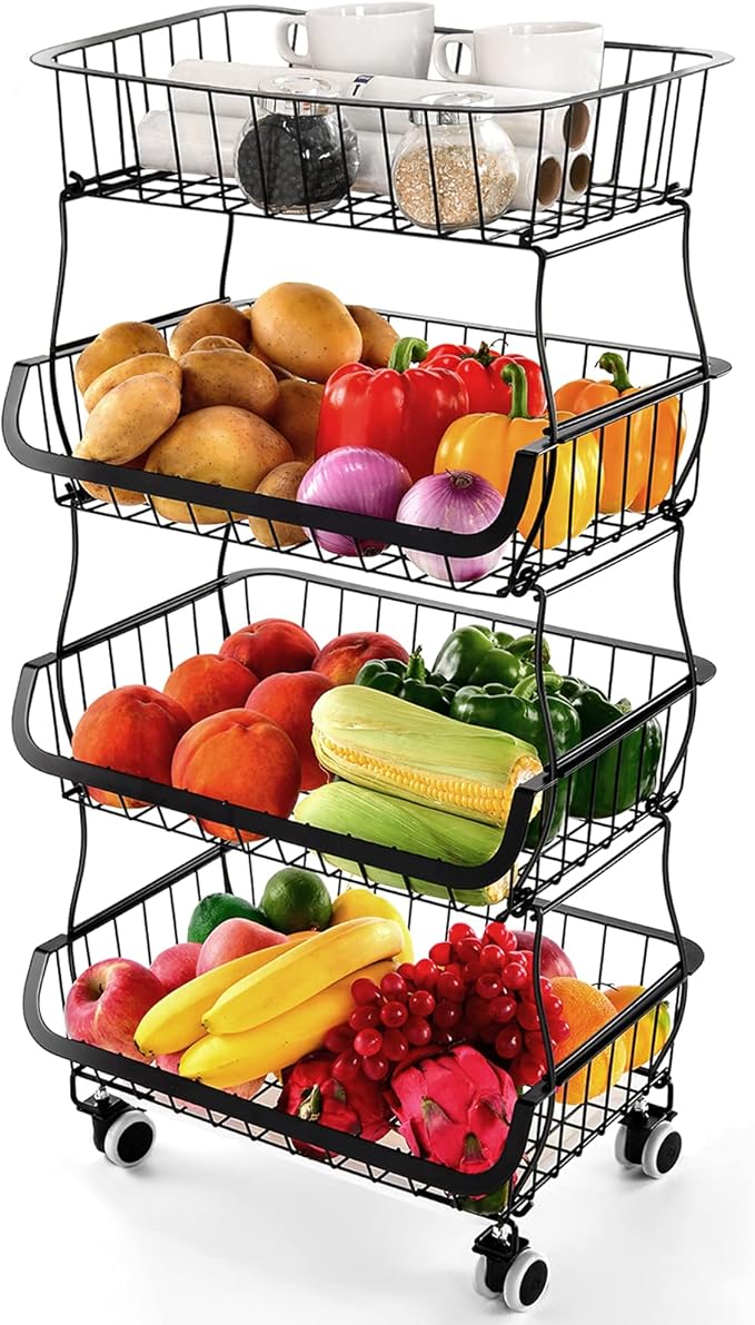 Miyawell Fruit Vegetable Storage Basket, 4 Tier Stackable Metal Wire Storage Baskets with Wheels, Fruit Vegetable Produce Basket Organizer Bins for Kitchen, Pantry, Bathroom