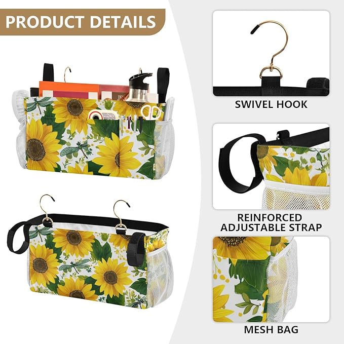Cute Yellow Sunflowers and Dragonflies Bedside Caddy for Dorm Bed Bedside Hanging Caddy Bag Iron Frame Storage Organizer Pocket for Bunk Home College Hospital Beds 2 Hooks