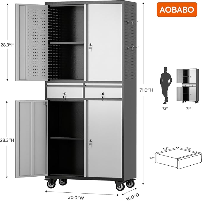 Aobabo Metal Storage Cabinet with Locking Doors and Pegboards, Steel Rolling Tool Storage Cabinet with 2 Drawer and 2 Adjustable Shelves for Garage, Kitchen, Office, Assembly Required, Black Grey