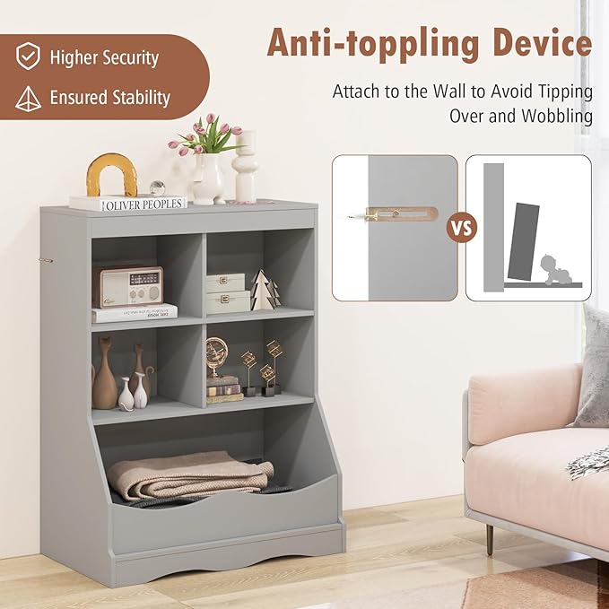 Storage Organizer, Small Bookcase w/ 4 Open Cubes & 1 Bottom Compartment, Anti-Tipping Device, Foot Pads, Low Cube Bookshelf for Bedroom, Living Room, Playroom, Study, Small Spaces (Gray)