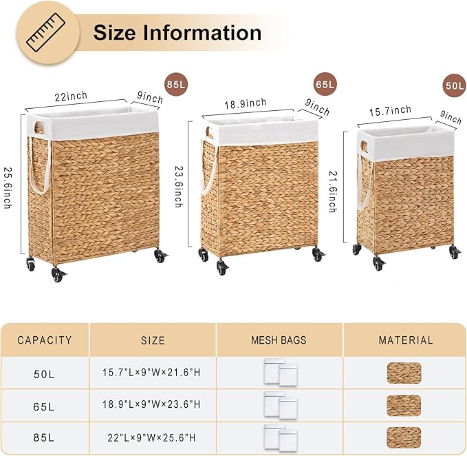 Rolling Laundry Hamper with Wheels, Slim Laundry Basket with Removable Liner Bag & 2 Mesh Bags, Handwoven Water Hyacinth Clothes Hamper for Bedroom Bathroom (Natural, 65L)