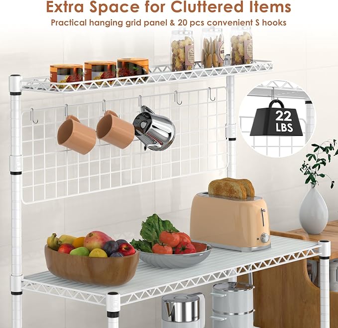Leteuke Bakers Rack with Storage & Wheels, 42 Inch Microwave Stand Kitchen Shelves, 4-Tier Heavy Duty Microwave Cart Storage Rack with 20 S-Hooks, Metal Utility Kitchen Cart, 42× 18× 63 Inch, White