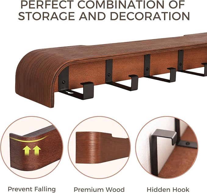 Wall Coat Rack Floating Shelves Modern Coat Rack Wall Mount with Storage Entryway Shelf Wooden Hanger 20 Inch 4 Hidden Metal Hooks for Living Room Bedroom (Walnut Color, 4 Hooks)