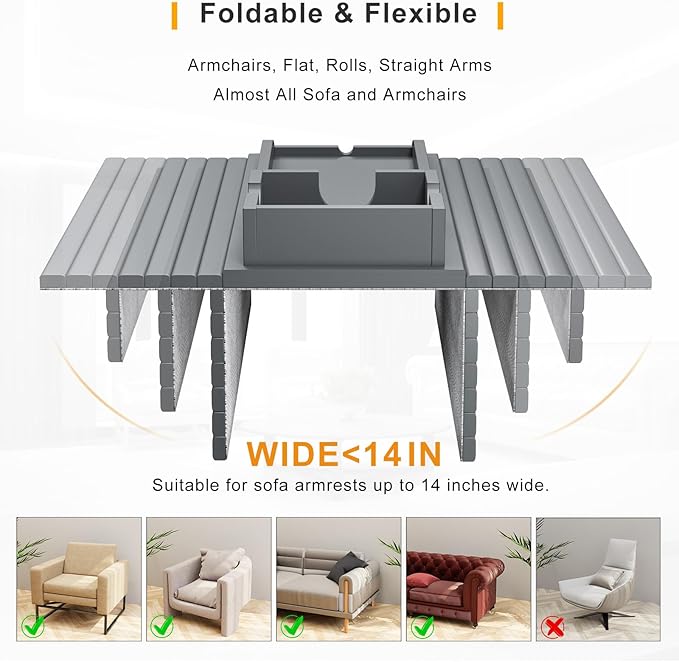 Couch Armrest Table, Sofa Arm Tray with Detachable Couch Cup Holder - 2 in 1 Anti-Slip Foldable Sofa Armchair Caddy Table for Drinks Cellphone TV Remote Snacks (Gray)