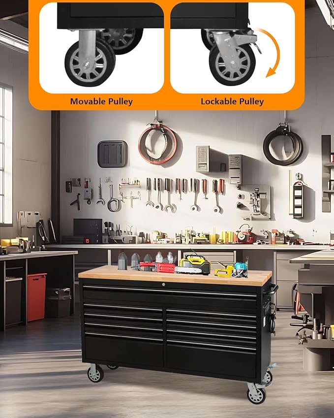61 Inch Tool Chest, Tool Box Mobile Workbench, 9 Drawers Storage Lockable Rolling Metal Storage Cabinet with 4 Wheels for Garage Workshops Warehouse, Black