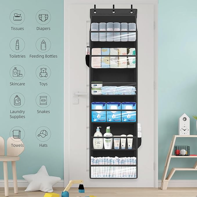 Over Door Organizer with 6 Extra Large Pockets 12 Side Pockets, Sturdy Closet Storage Rack, Hanging Storage Organizer with Clear Window for Shoes, Diapers, Toys, Bedroom, Bathroom, Black
