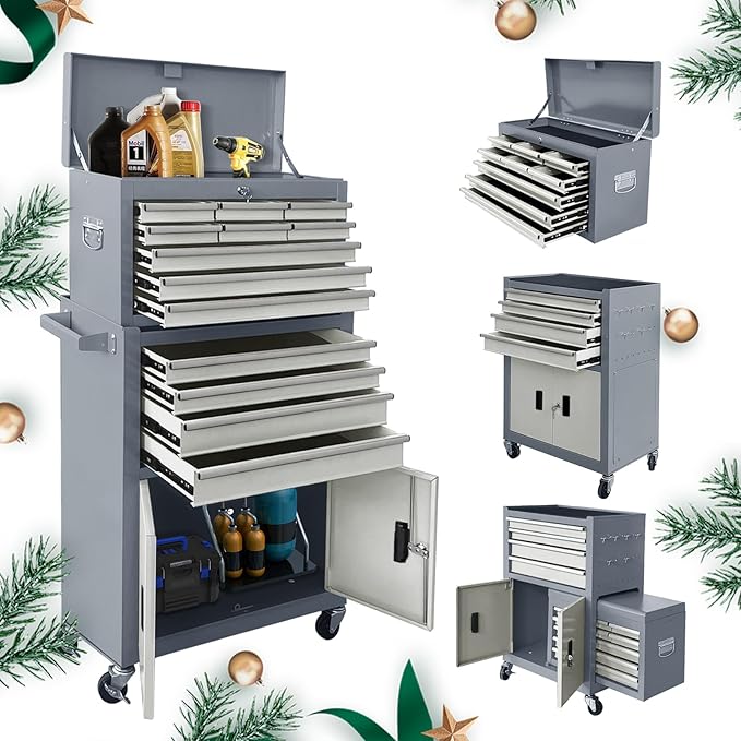 13-Drawer Rolling Tool Chest with Double Doors, 2 in 1 Detachable Rolling Tool Chest with Drawers, Mobile Tool Cabinet Combo, Metal Large Lockable Tool Box for Garage Workshop (Gray)
