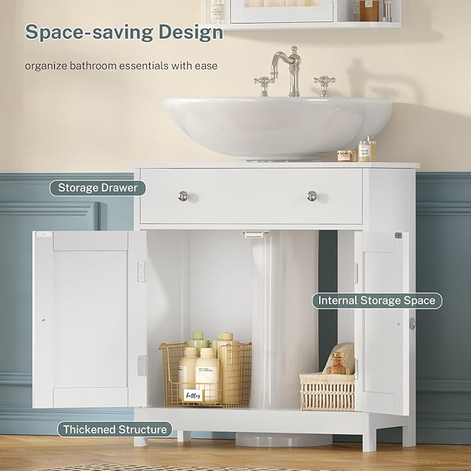 TEENFON Pedestal Sink Storage Cabinet with 2 Doors and Drawer, Bathroom Sink Cabinet, Under Sink Storage with U-Shape Cut-Out, White