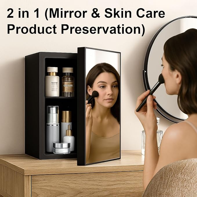 Compact Mini Fridge - 24 Cans/0.95 Cu.Ft Beverage Refrigerator with Mirrored Door & Digital Thermostat, Small Cosmetics Cooler for Skincare, Drinks, Food, Office, Dorm, Black