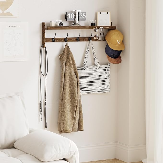 AMBIRD Wall Hooks with Shelf 28.9inch Entryway Wall Hanging Shelf, Wood Coat Hooks, Coat Rack Wall Mount Rack with 5 Dual Hooks, Glasses Organizer and Hat Organizer