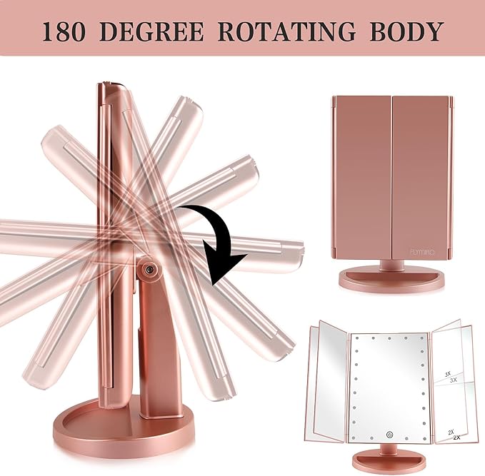 Tri-fold Lighted Vanity Makeup Mirror with 3x/2x Magnification,21 LEDs Light and Touch Screen,180 Degree Free Rotation Countertop Cosmetic Mirror,Travel (Rose Gold)