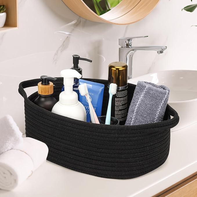 Small Woven Cotton Rope Basket Cute Baby Gift Baskets Empty 13.7"x10"x5" Decorative Storage for Organizing Shelves Closet Baby Nursery Basket Bin Toy Storage tote Organizer Black