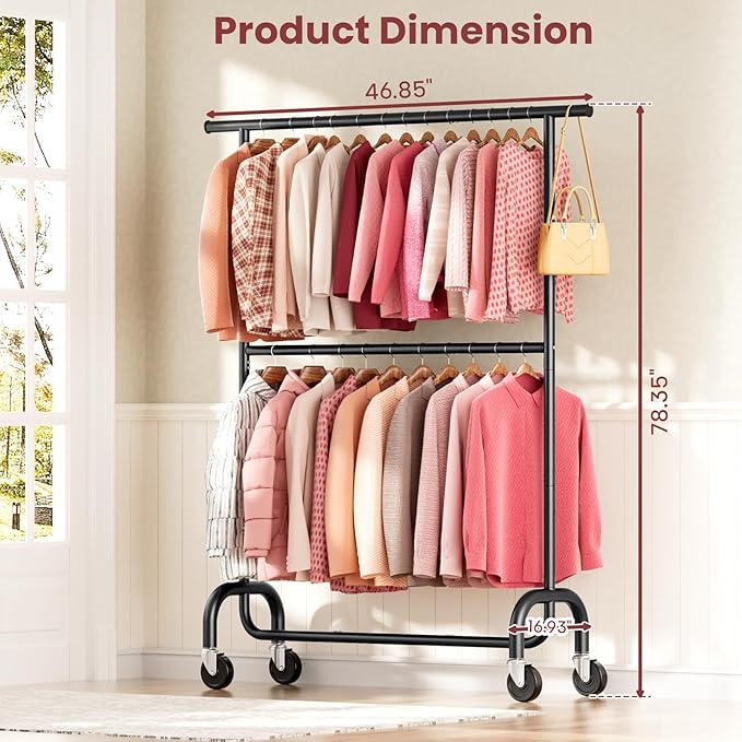 Heavy Duty Clothes Rack Load 600 LBS, Rolling Clothing Rack for Hanging Clothes with Lockable Wheels, Double Rod Garment Rack for Bedroom, Laundry, Living Room, Black