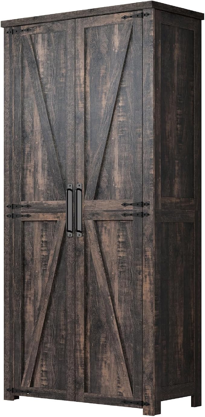 Farmhouse Kitchen Pantry Cabinet, 72" Tall Storage Cabinet with Adjustable Shelves，Farmhouse LED Food Storage with 2 Barn Doors for Kitchen, Dining Room, Living Room