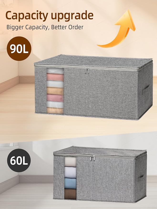 90L King Size Comforter Storage Bags with Rigid Panel,Large Blanket Storage Organizer for Closet,Bedding Sets Stackable Container with Clear Window & Smooth Zippers,Foldable Clothing Storage Bin,2Pack