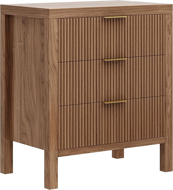 3 Drawer Dresser for Bedroom, Modern Wooden Chest with Handles, Fluted Dresser with Wide Drawers and Bearing Slide for Hallway, Entryway, Walnut