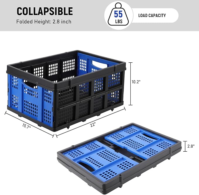 55L Collapsible Crates for Storage,Stackable & Collapsible Milk Crates, Stackable Storage Baskets, Folding Storage Containers for Organizing Tools, Books, Food, Drinks, Camping & Transport