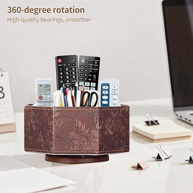 Remote Control Holder, Swivel 9 Rooms Desk Organizer and Decorations for Living Room, Leather Bedside Storage Caddy for TV Controllers/ Makeup Brush Pen/ Office Stationery/ Art Supplies/ Eyeglasses
