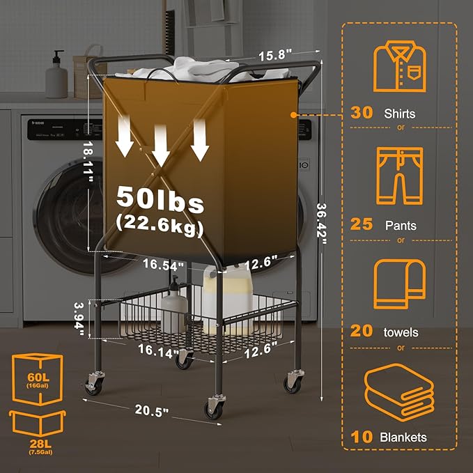 Laundry Basket with Wheels:88L Rolling Laundry Cart Foldable Metal Frame Dirty Clothes Laundry Hamper 36"H 4 Caster 2 Brake Waterproof Removable Liner Carry Handle for Dorm Laundry Room,Black