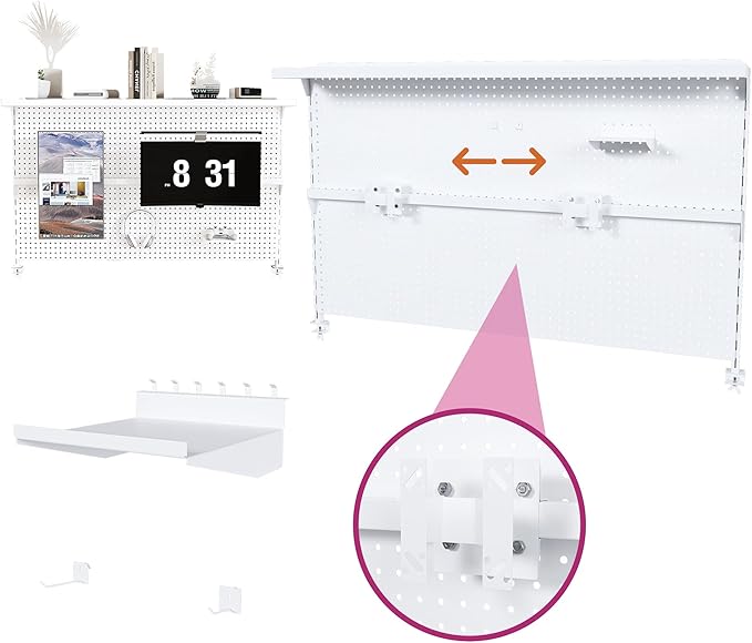 KEIKI Metal Pegboard Desk Organizer with Dual Monitor Stand, 59" x 35" Large Desk Peg Board with Hooks & Movable Panel, Office Organization and Storage Shelf for Gaming or Workstation Setup, White
