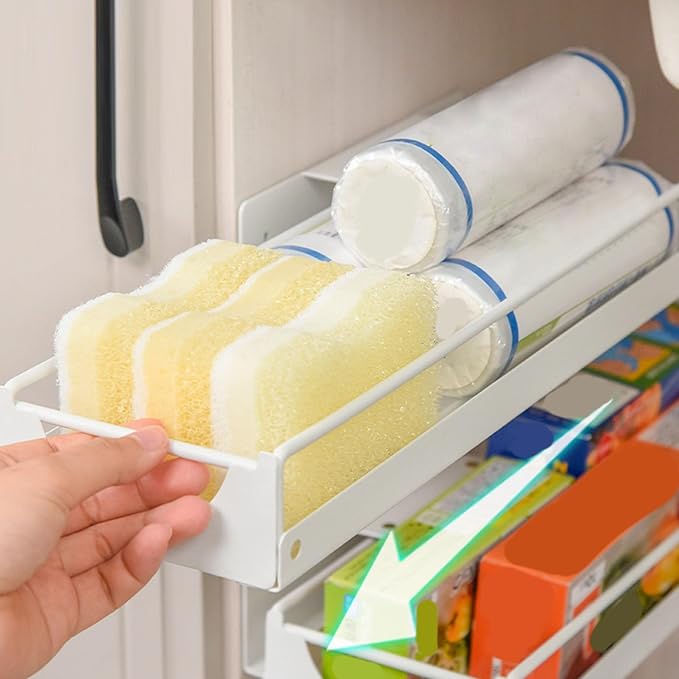 Pull Out Cabinet, Under Sink Side Sliding Basket, Carbon Steel Slide Out Storage Shelf with Strong Adhesive, Space Saving Drawer Slim for Bathroom
