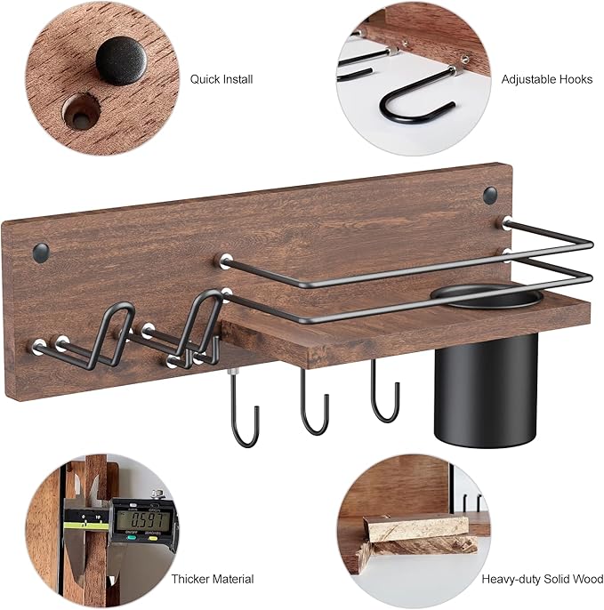 Wooden Hair Dryer Holder Wall Mounted, Bathroom Hair Tool Organizer, Blow Dryer Holder Shelf, Curling Iron and Hair Styling Tools Organizer