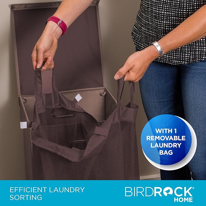 BIRDROCK HOME Single Laundry Hamper with Lid and Removable Liner | Linen | Easily Transport Laundry | Foldable Hamper | Cut Out Handles