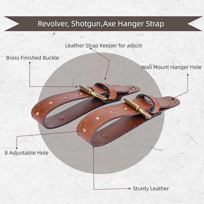 Tourbon Leather Wall Hanging Straps, Buckle Closure for Axes Hatchets & Tools, Heavy Duty Tool Hangers, Gun Rack Wall Mount Display, Axe Mount Holders, Sword Organizer Hooks, Set of 2