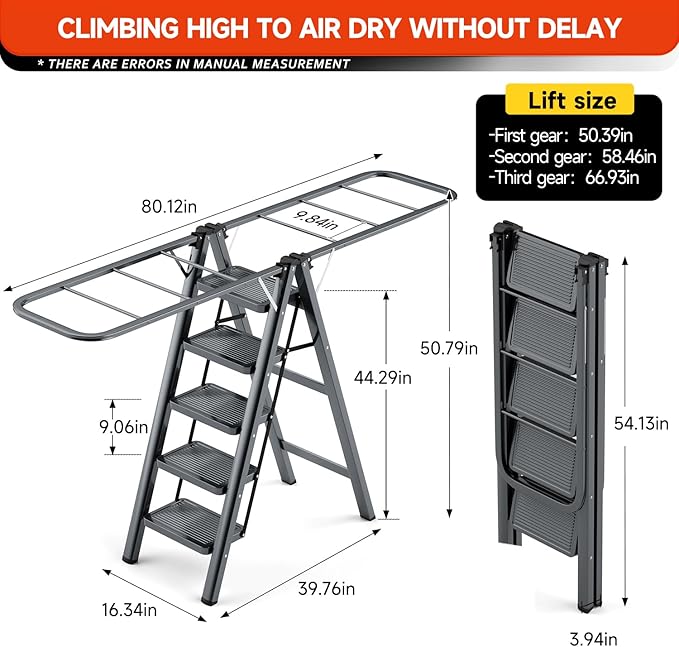 Multi-Functional 5 Step Ladder Used as Clothes Drying Rack,Sturdy Carbon Steel Ladder,Widened Pedal,Foldable & Portable Clothes Drying Rack, Space-Saving Design Indoor&Outdoor Drying (Black)