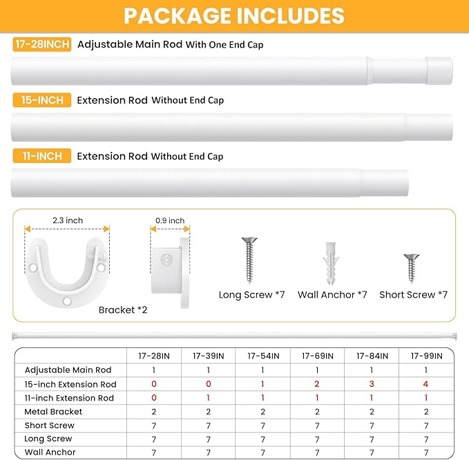 2 Pack Closet Rods for Hanging Clothes, 17-98 Inch No-Cut Stepless Adjustable Closet Rod, 1.3 Inch Heavy Duty Metal Closet Hanging Rod with Brackets, White Closet Bar for Closet, Laundry Room, RV