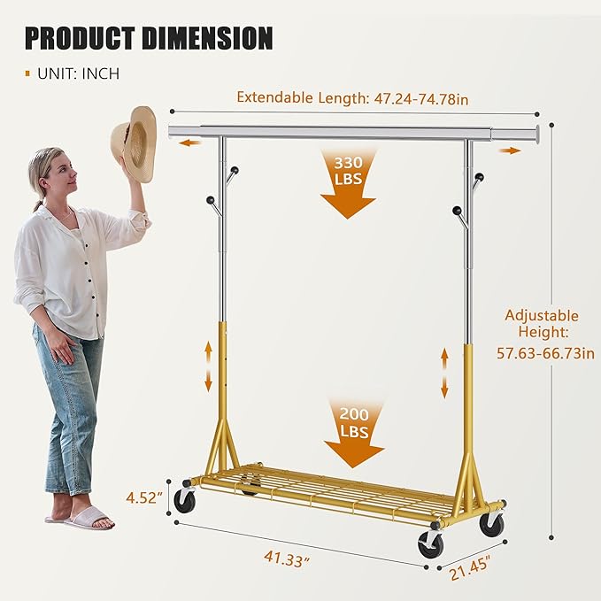 Rolling Clothes Rack Load 530lbs,Heavy Duty Garment Rack With Sturdy Wheel And Shelves, Adjustable Portable Hanging Rack For Clothes, Stainless Steel, Gold