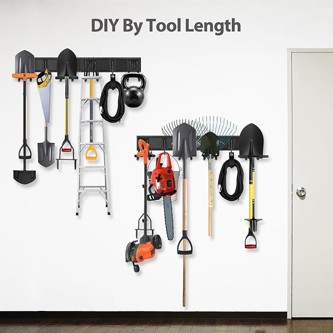 Garage Organzier Wall Mount, 48 Inch Garden Tool Organizer, 16PCS Heavy Duty Garage Storage Organization, Adjustable Tool Storage Rack Hooks, Yard Shed Tool Organizer Hold Max 450 lbs