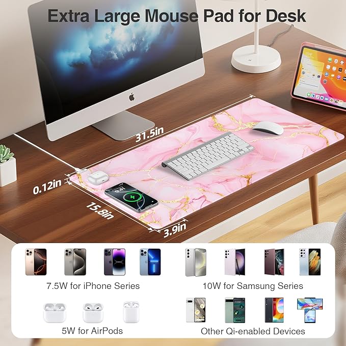Wireless Charging Mouse Pad, 31.5"x15.8" Large Gaming Desk Mat for Keyboard/Laptop, Waterproof Ultra-Smooth Surface, Non-Slip Base, with 20W PD Adapter, Pink Marble