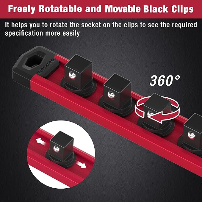 WORKPRO Magnetic Socket Organizer, 1/2-Inch Drive Aluminum Alloy Sockets Rail, Heavy Duty Sockets Holder, Socket Rack Kit 1/2-Inch x 10 Clips (Red)