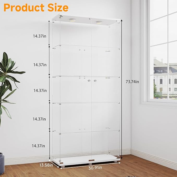 5-Tier Tempered Glass Display Cabinet with Lights, Curio Cabinet with Glass Doors and Lock, Glass Display Case for Collectibles, for Living Room Bedroom Office, Double Door, White