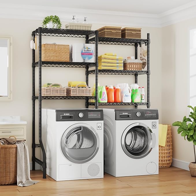 U15 Over Washer and Dryer Storage Shelves, Laundry Above Washer Dryer Storage Rack Space Saver, 6-Tier Wire Shelf with 4 Hooks for Organization, 63.4"W x 17.3"D x 76.4"H, Holds 568lbs, Black