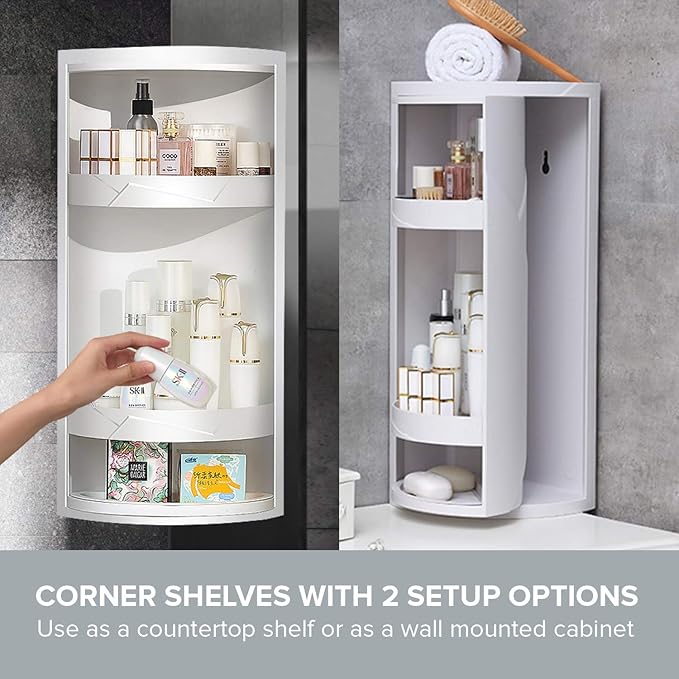 Bathroom Storage Corner Vanity Cabinet 24"x8.75"x8.75" Space Saver Rotating Organizer - 2-Tiered Storage Cabinet Countertop Storage or Wall Shelf - White Corner Shelf - Hidden Storage Rack