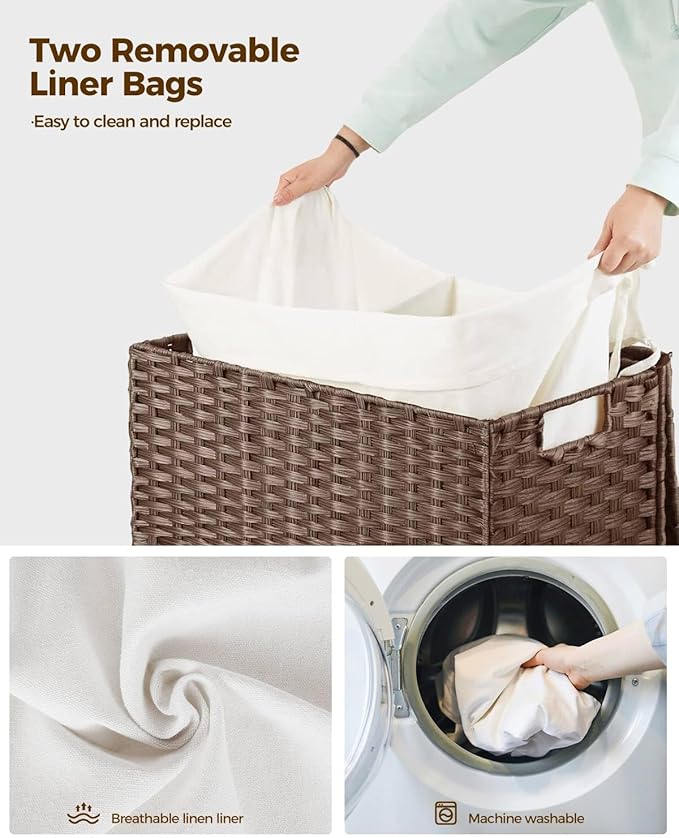 Greenstell Laundry Hamper with Wheels, No Install Needed, 90L Divided Handwoven Hampers & 2 Removable Liner Bags, Synthetic Rattan Clothes Laundry Basket with Lid & Handles, Foldable Hampers Brown