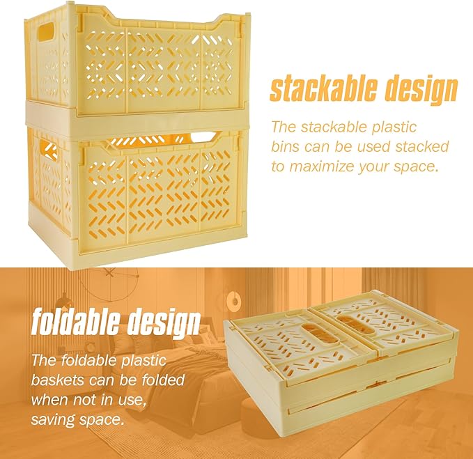 Domiella 2-Pack Crates for Storage, Storage Crates Plastic Stackable, Foldable Crate for Office Home Kitchen Bedroom Bathroom (Tall, Yellow)