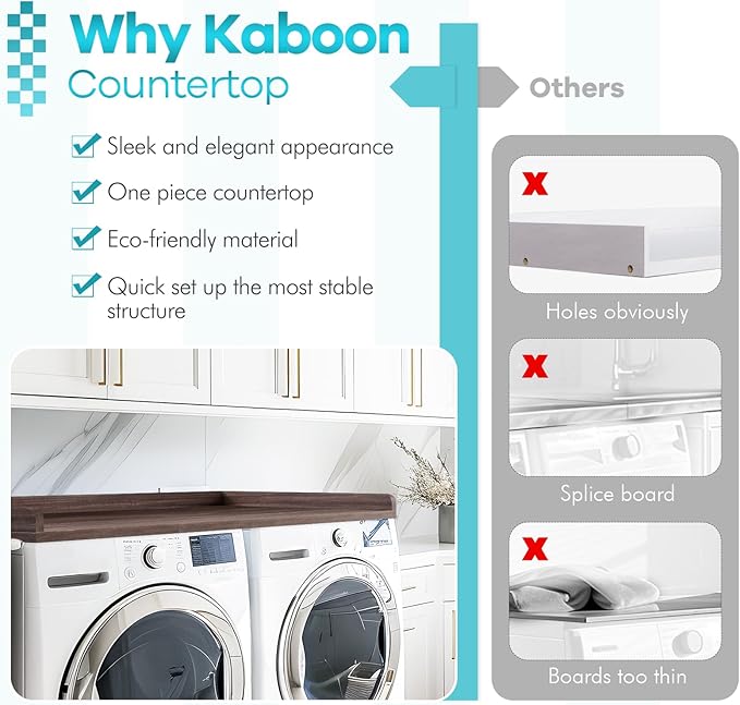 Kaboon Washer Dryer Countertop, Melamine Countertop with Edge Rails - 27.5" Depth x 54" Width Laundry Room Organization, Eucalyptus