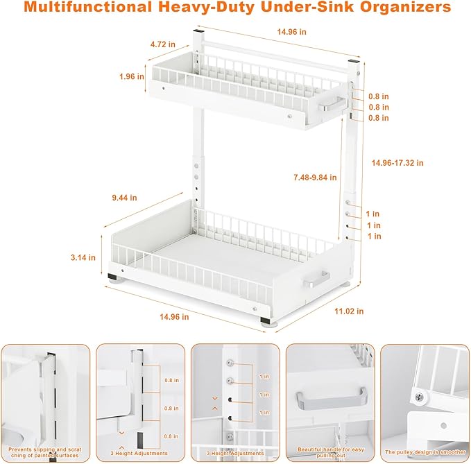 2 Tier Slide Out Kitchen Cabinet Organizers with Pulley, Under Sink Organizer, Under Bathroom Sink Pull Out Organizer with Multiple Height Adjustments for Kitchen and Bathroom Cabinets-White
