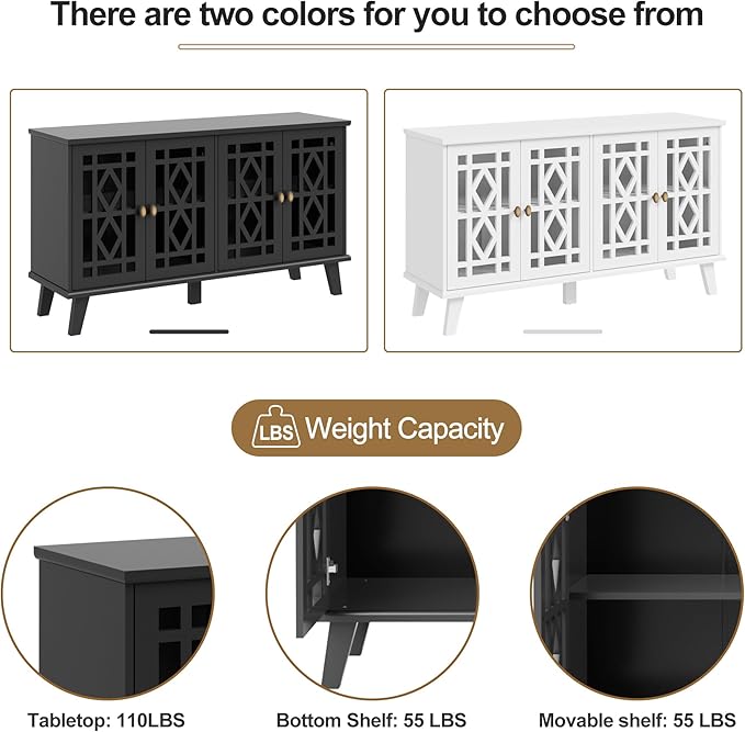 Scurrty 52" Buffet Cabinet with Storage,Sideboard with 4 Doors, Skeletonized Coffee Bar with Storage, Sideboard Cabinet for Dinning Room, Kitchen & Living Room (Black)