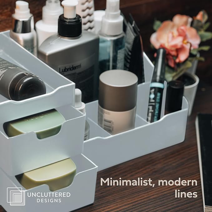 Uncluttered Designs Large Makeup Organizer for Vanity - Countertop Desk With Drawers for Cosmetic, Beauty, Hair, Nail, Perfume & Skincare - Perfect for Bathroom & Bedroom Storage (White)