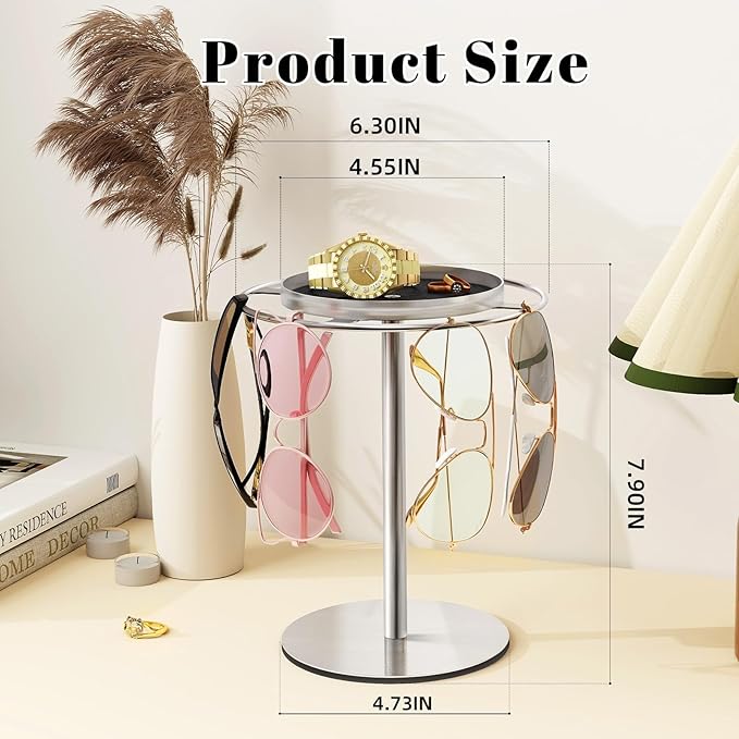 LSK Metal Sunglasses Organizer, Glasses Holder Stand with Storgae Tray, Eyeglasses Holder with Anti-Slip Pads for Tabletop, Desk, Dresser, Brushed Nickel