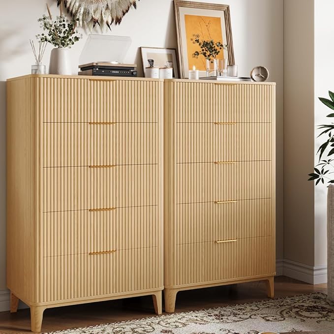 Fluted Dresser for Bedroom with 5 Drawers Set of 2, 45" Large Closet Clothes Wood Tall Dresser Storage Organizer, Mid Century Modern Chest of Drawers with Deep Storage Natural
