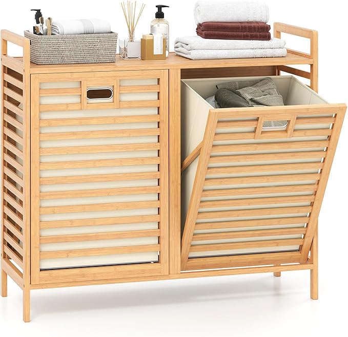 Giantex Tilt Out Laundry Hamper, 20 Gal Bamboo Laundry Storage Cabinet with 2 Removable & Foldable Fabric Bins, Top Shelf, Pull Out Laundry Basket Organizer for Bathroom, Living Room, Bedroom
