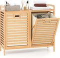 Giantex Tilt Out Laundry Hamper, 20 Gal Bamboo Laundry Storage Cabinet with 2 Removable & Foldable Fabric Bins, Top Shelf, Pull Out Laundry Basket Organizer for Bathroom, Living Room, Bedroom