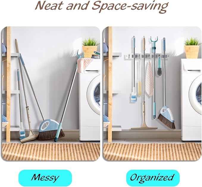 2 Pack Mop Broom Holder Wall Mount - White Wood Broom Mop Hanger - Wall Mounted Garden Tool Rack Organizer for Closet Garage Laundry Room, 4 Slots & 4 Hooks